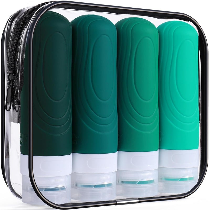 GLAMFIELDS Travel Bottles for Toiletries, 3oz Size TSA Approved Leak Proof Silicone Containers for Shampoo, Conditioner,Easy to Squeeze and Portable, Essentials for Traveling (4 Pack) Green - Image 1